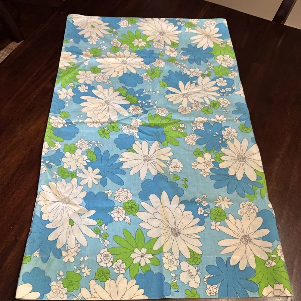Vintage 60s Pillowcase Flower Power Blue White Green Cannon Mod Funky